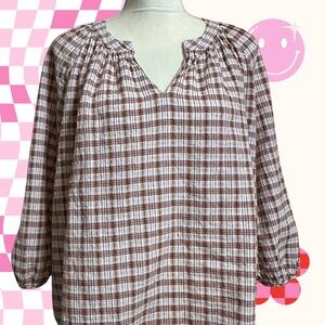 Granola vibes Plaid Blouse - Brown and White 3/4 length sleeves /cottage